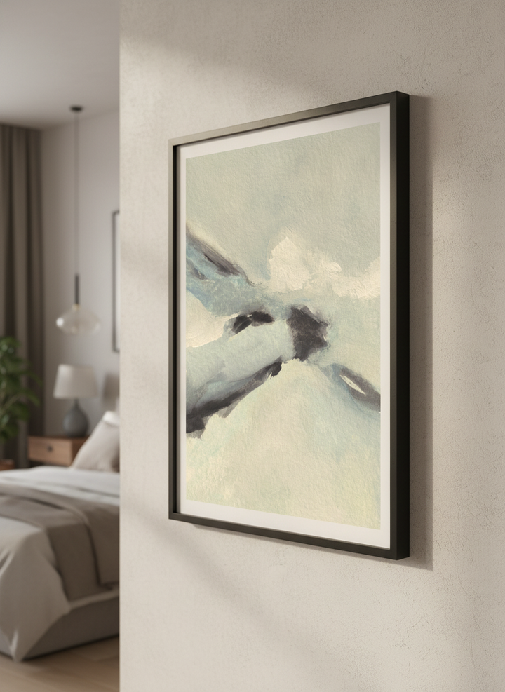 Minimalist artwork displayed in a calm, light-filled bedroom interior