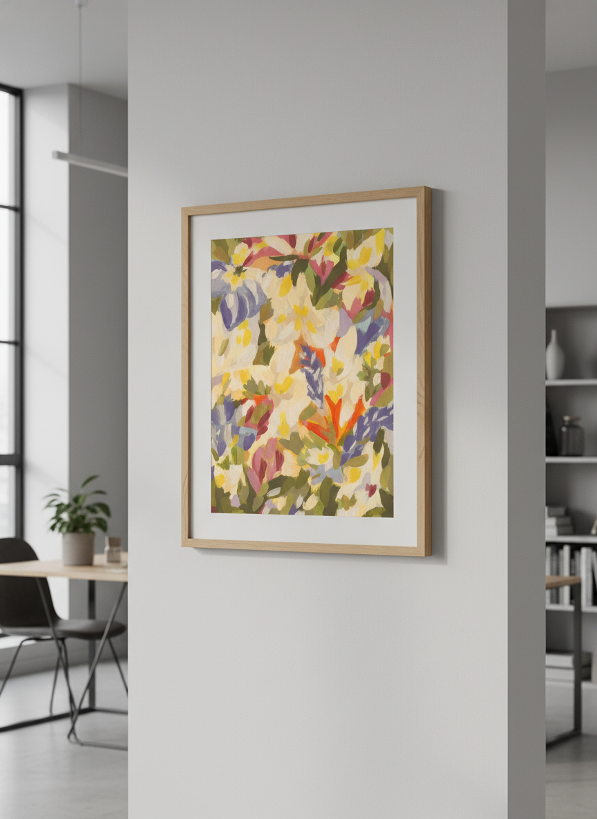 Contemporary wall art featured in a bright modern office workspace
