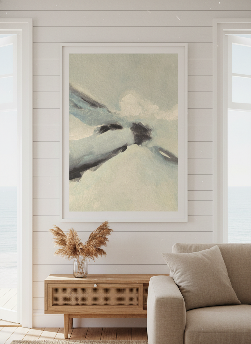 Neutral wall art displayed in a sunny coastal beach house