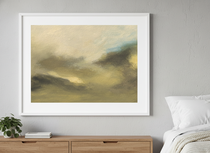 Minimalist artwork displayed in a calm, light-filled bedroom interior
