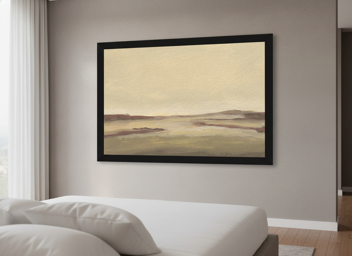 Minimalist artwork displayed in a calm, light-filled bedroom interior