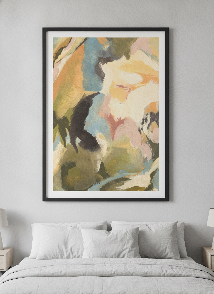 Minimalist artwork displayed in a calm, light-filled bedroom interior