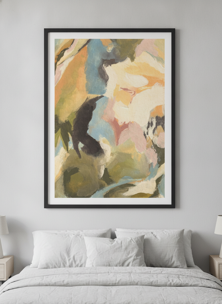 Minimalist artwork displayed in a calm, light-filled bedroom interior