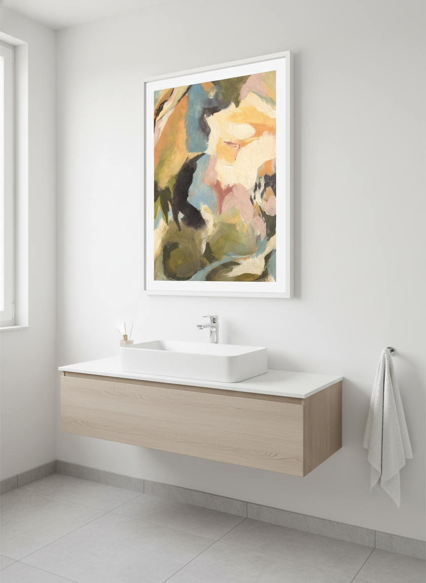 Modern print displayed in a clean minimalist bathroom setting