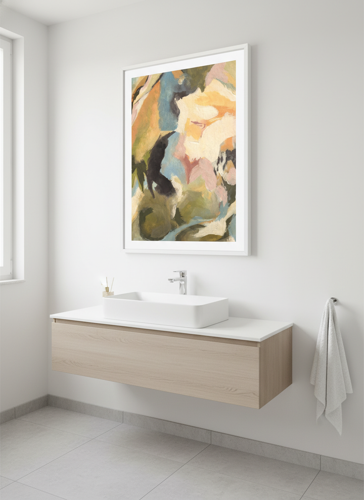 Modern print displayed in a clean minimalist bathroom setting