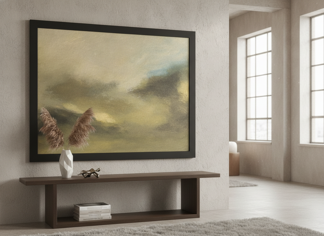 Monumental artwork centred on a feature wall in a luxe interior