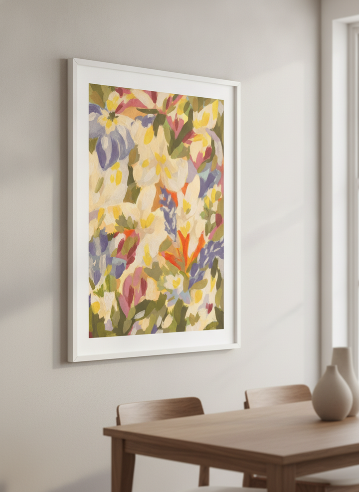 Wall art styled above a dining table in a contemporary home