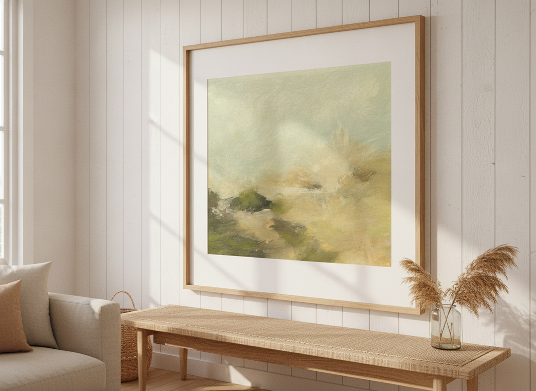Neutral wall art displayed in a sunny coastal beach house