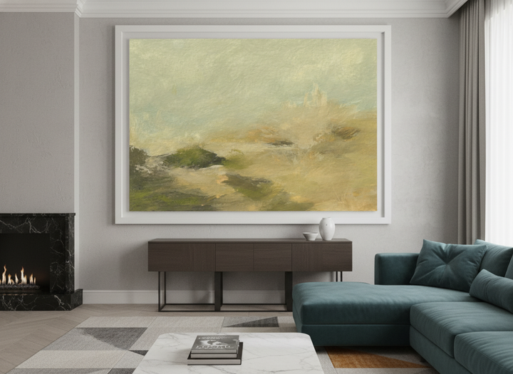 Monumental artwork centred on a feature wall in a luxe interior