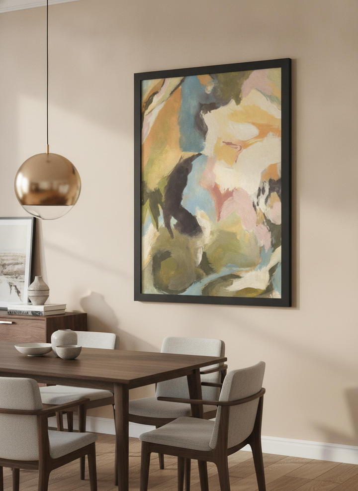 Wall art styled above a dining table in a contemporary home
