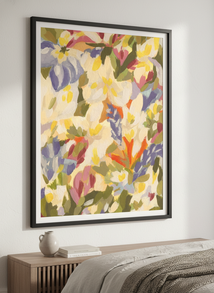 Minimalist artwork displayed in a calm, light-filled bedroom interior