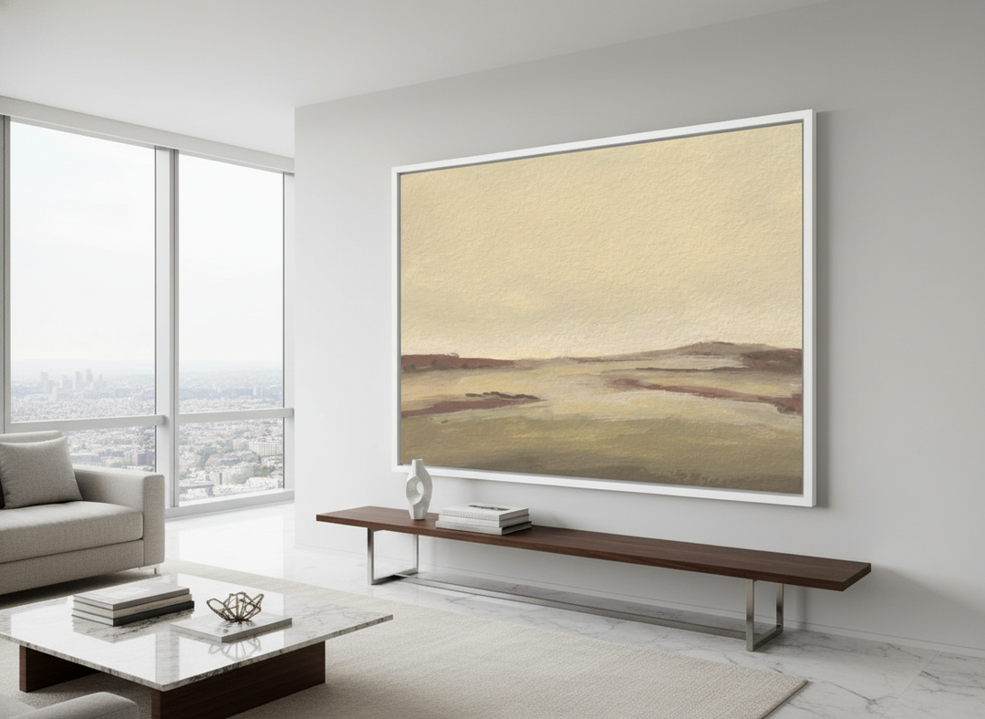 Monumental artwork centred on a feature wall in a luxe interior