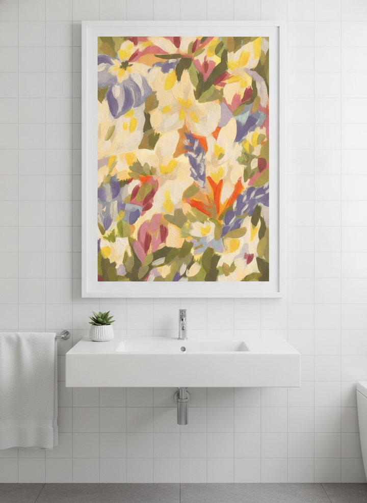 Modern print displayed in a clean minimalist bathroom setting