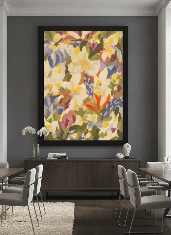 Monumental artwork centred on a feature wall in a luxe interior