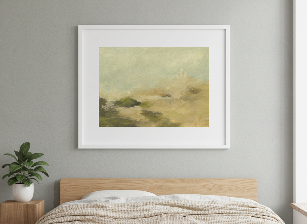 Minimalist artwork displayed in a calm, light-filled bedroom interior