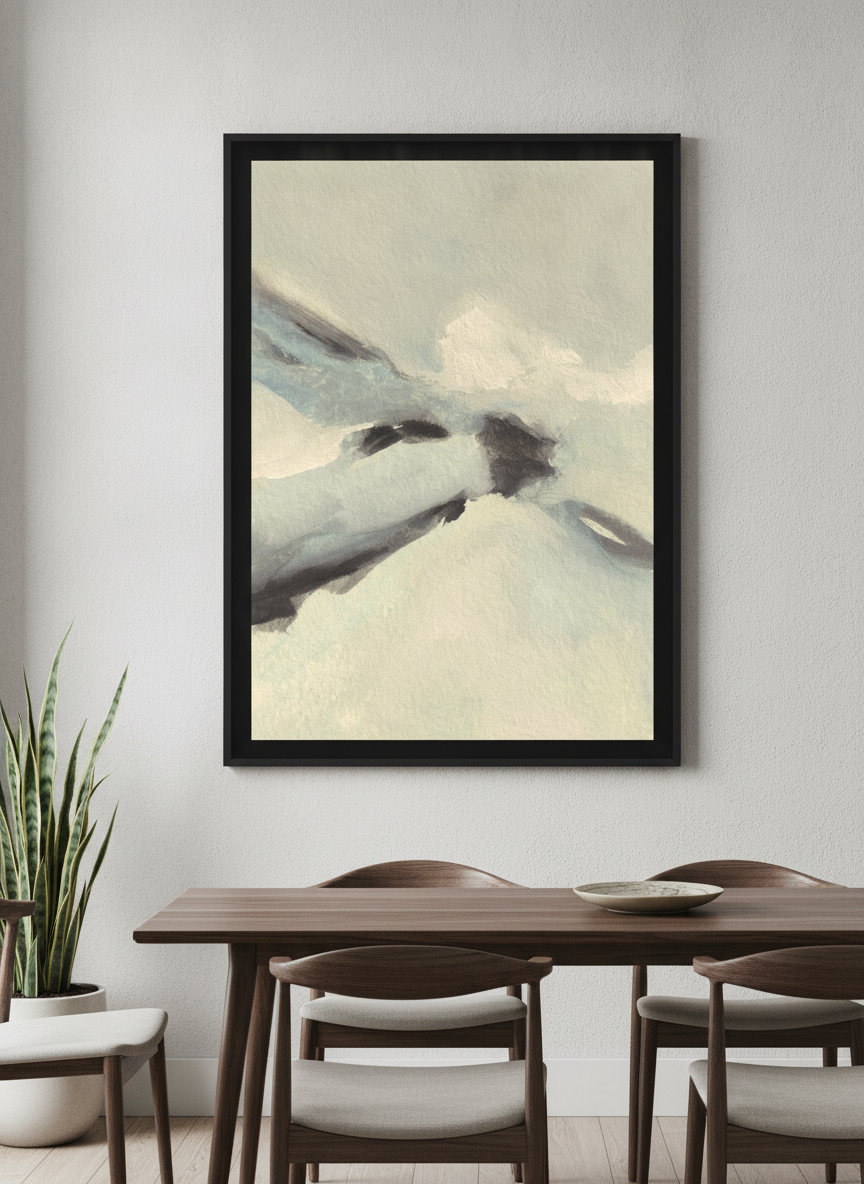 Wall art styled above a dining table in a contemporary home