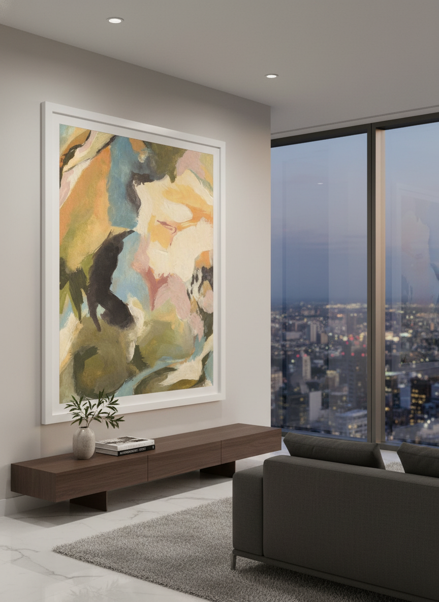 Monumental artwork centred on a feature wall in a luxe interior