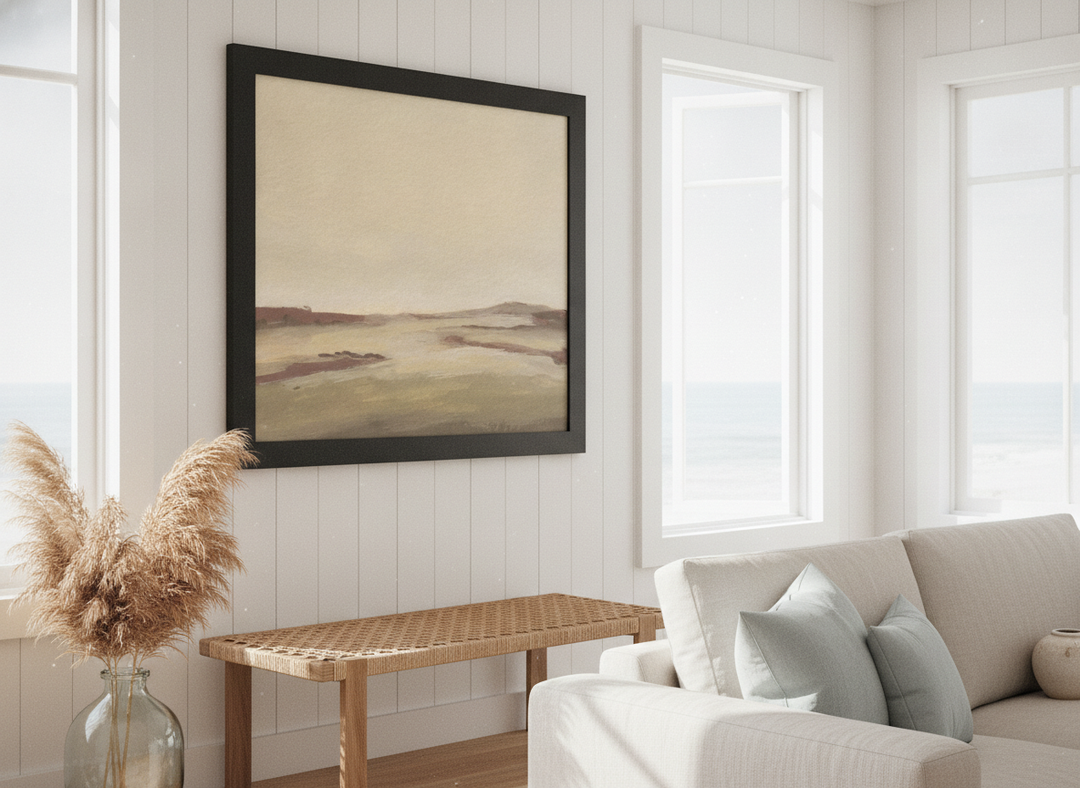 Neutral wall art displayed in a sunny coastal beach house