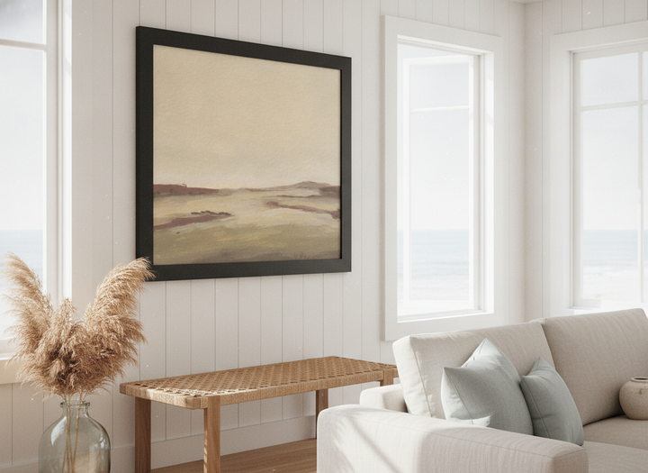 Neutral wall art displayed in a sunny coastal beach house