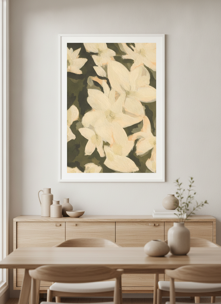 Wall art styled above a dining table in a contemporary home