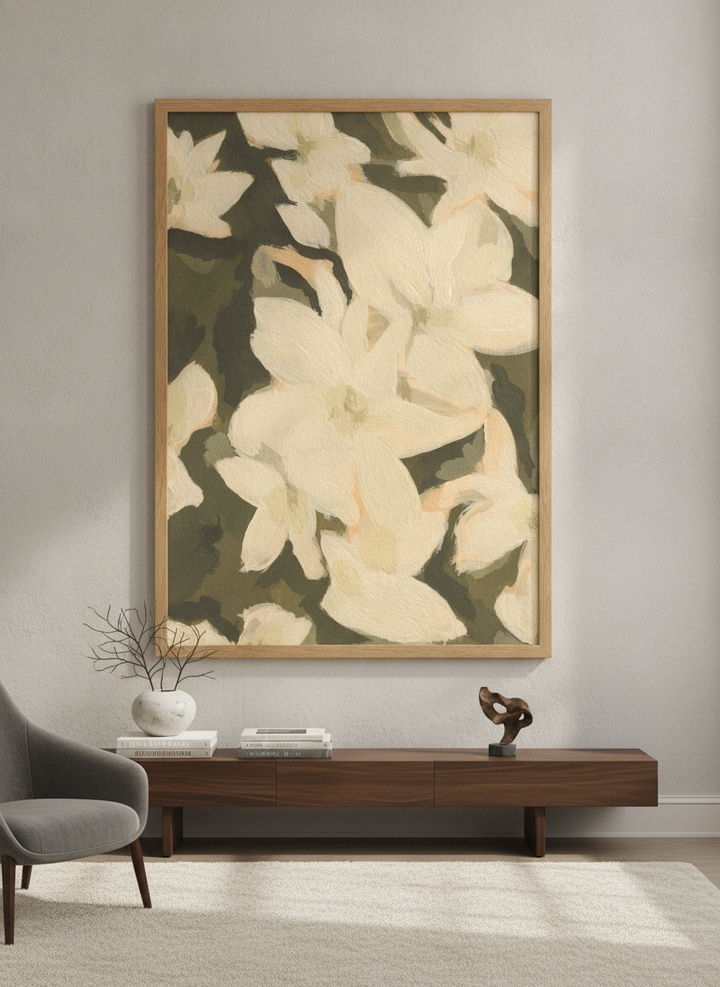 Monumental artwork centred on a feature wall in a luxe interior