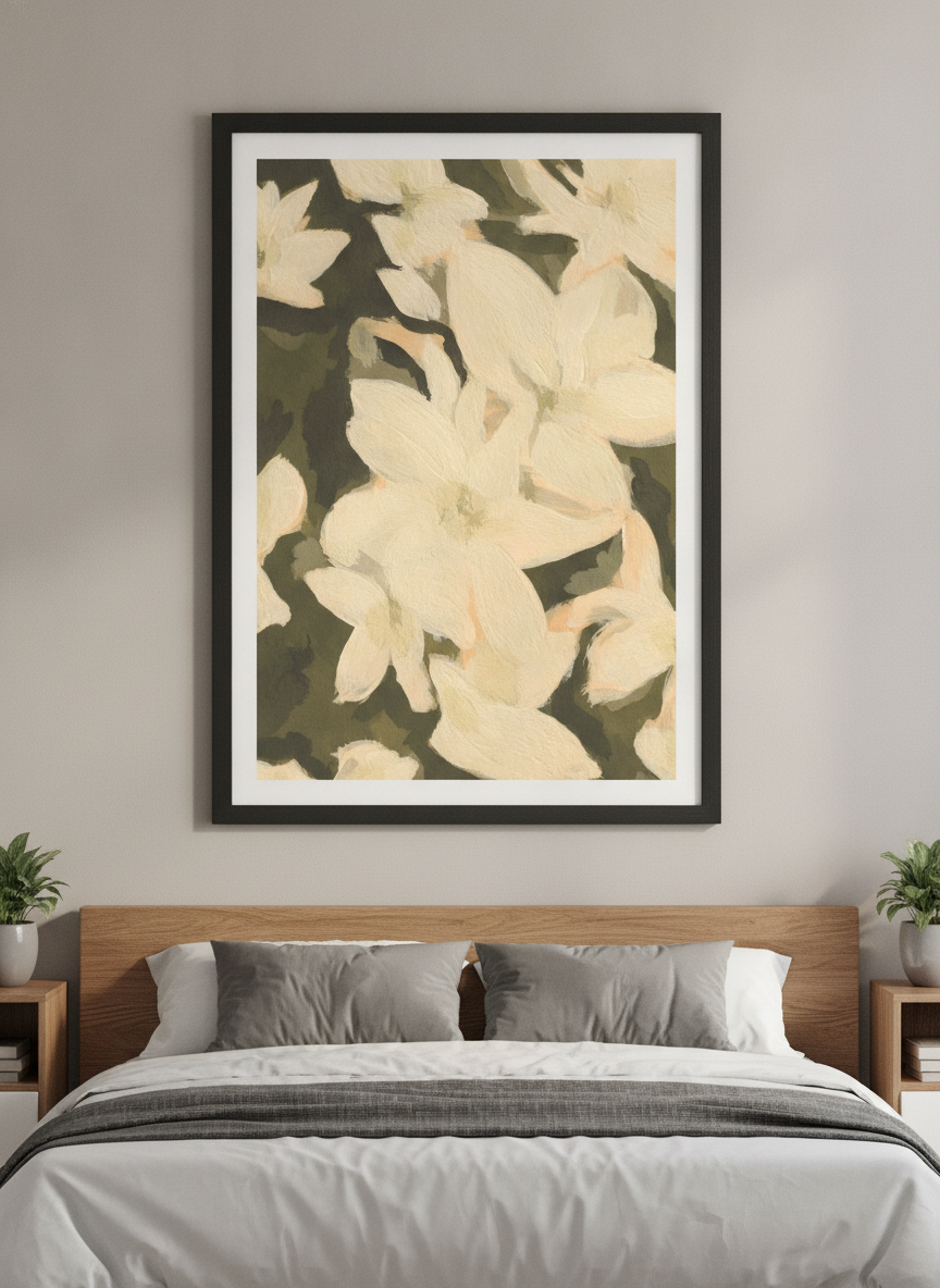 Minimalist artwork displayed in a calm, light-filled bedroom interior