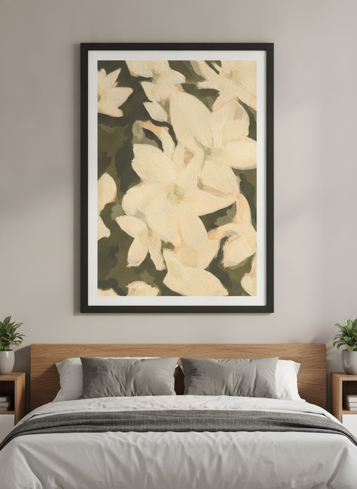 Minimalist artwork displayed in a calm, light-filled bedroom interior