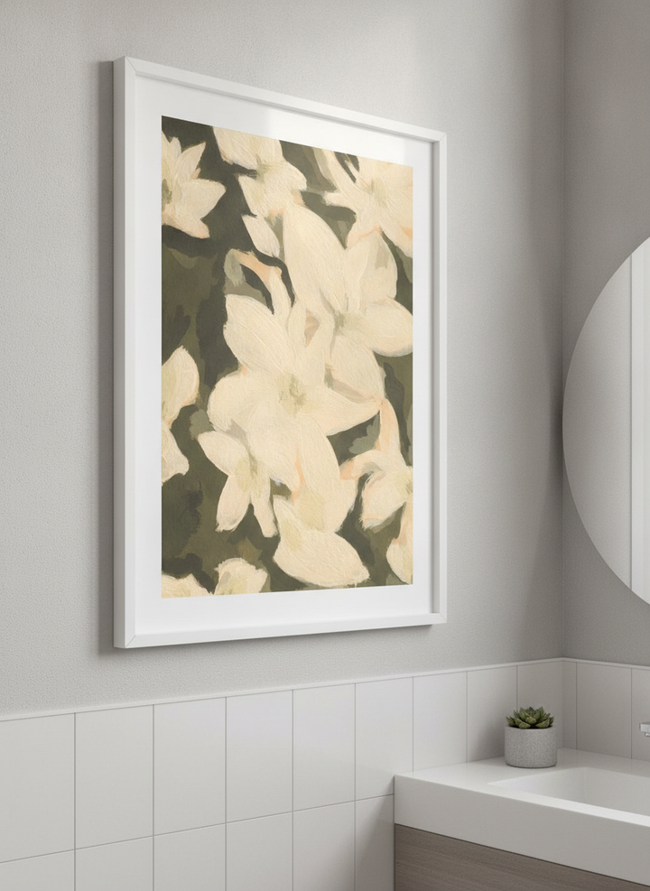 Modern print displayed in a clean minimalist bathroom setting