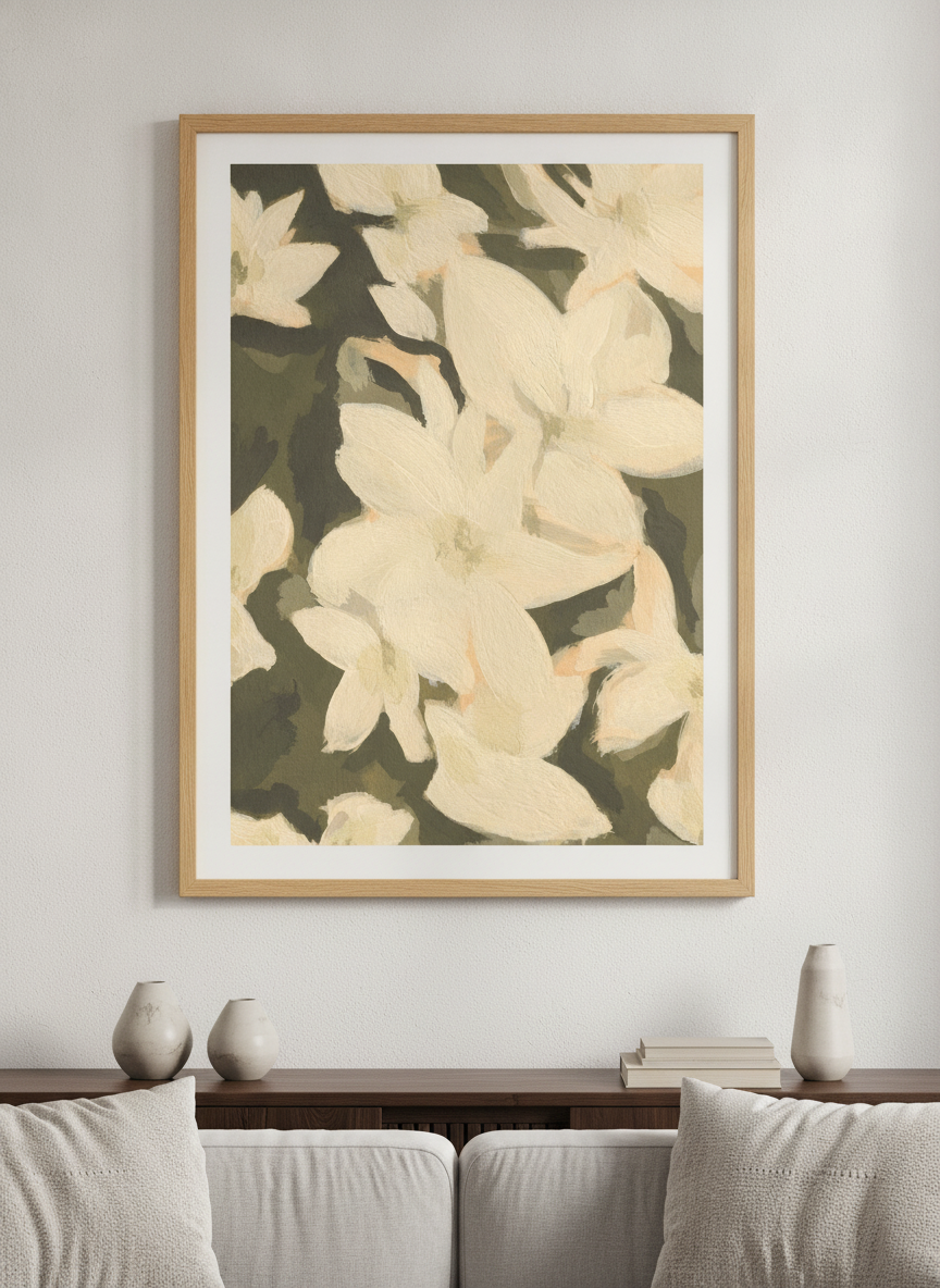 Modern wall art styled above a sofa in a neutral living room