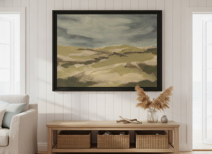 Neutral wall art displayed in a sunny coastal beach house