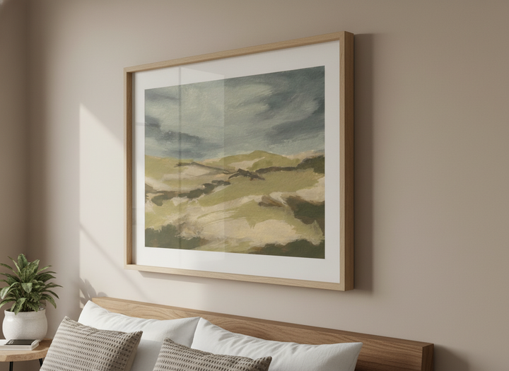 Minimalist artwork displayed in a calm, light-filled bedroom interior