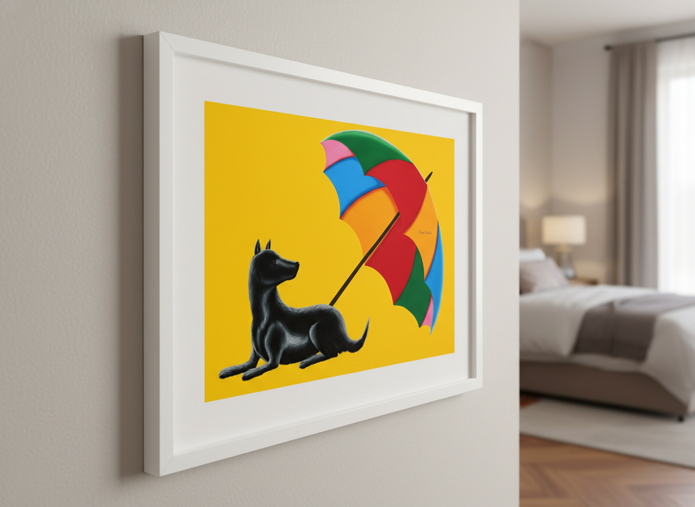 Minimalist artwork displayed in a calm, light-filled bedroom interior