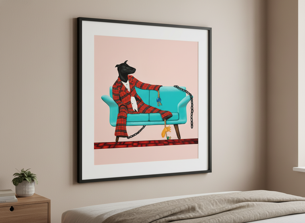 Minimalist artwork displayed in a calm, light-filled bedroom interior