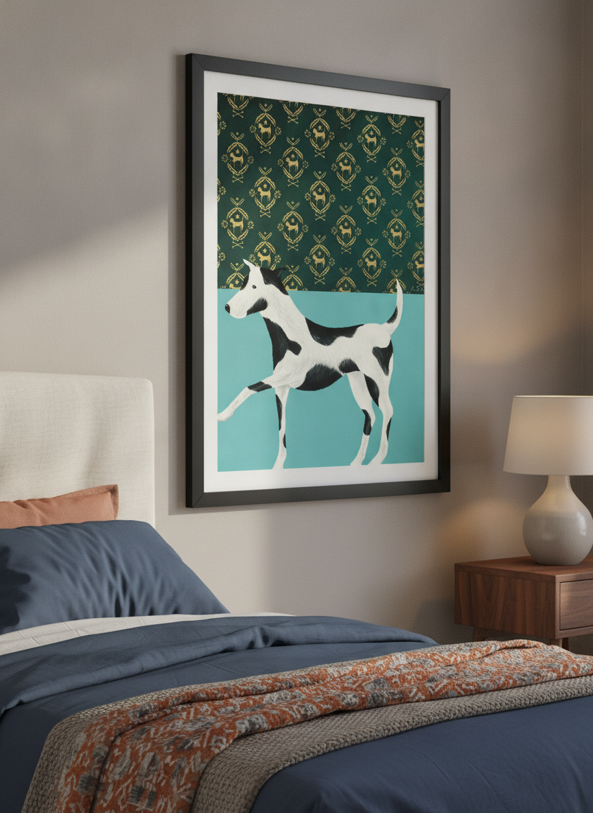 Minimalist artwork displayed in a calm, light-filled bedroom interior