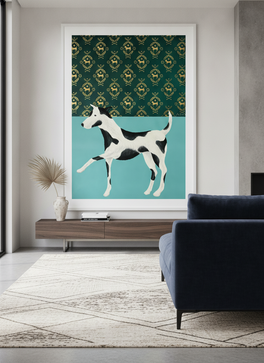 Monumental artwork centred on a feature wall in a luxe interior