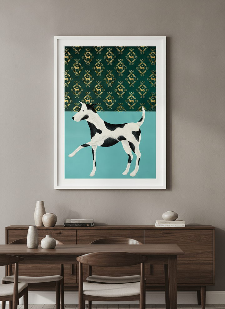 Wall art styled above a dining table in a contemporary home