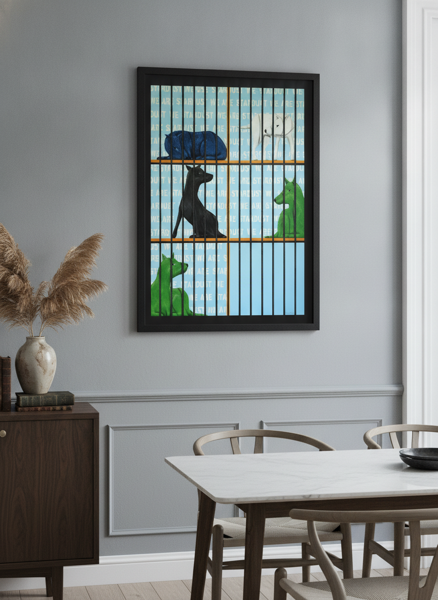 Wall art styled above a dining table in a contemporary home