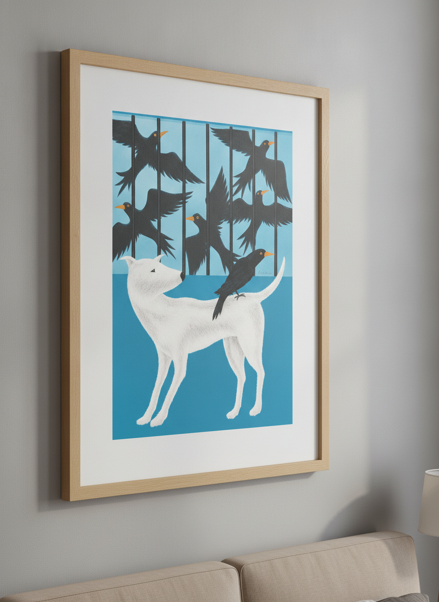 Minimalist artwork displayed in a calm, light-filled bedroom interior