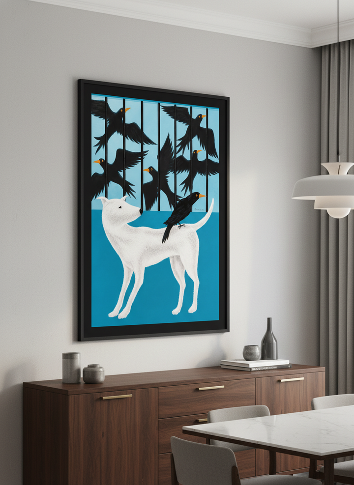 Wall art styled above a dining table in a contemporary home