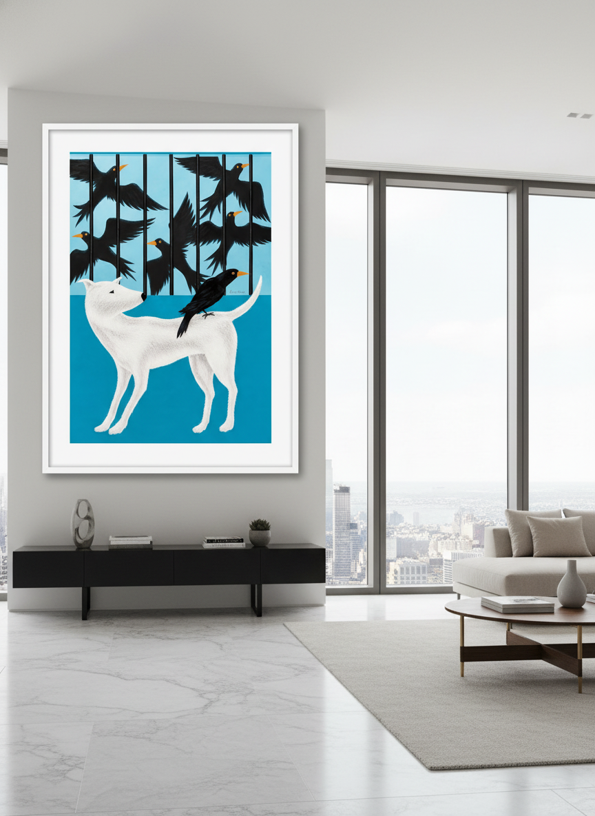 Monumental artwork centred on a feature wall in a luxe interior