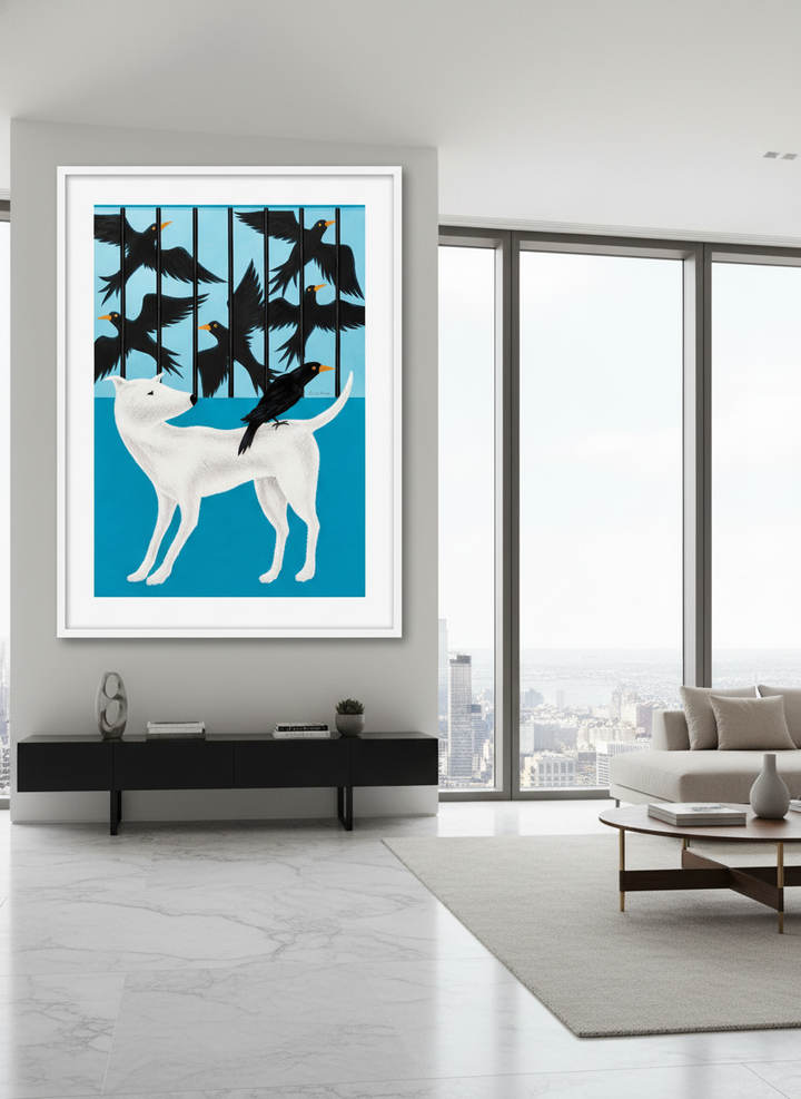 Monumental artwork centred on a feature wall in a luxe interior