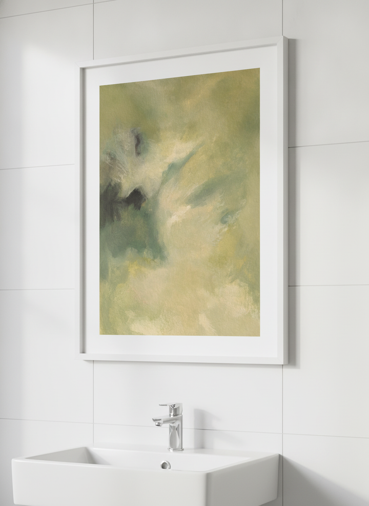 Modern print displayed in a clean minimalist bathroom setting