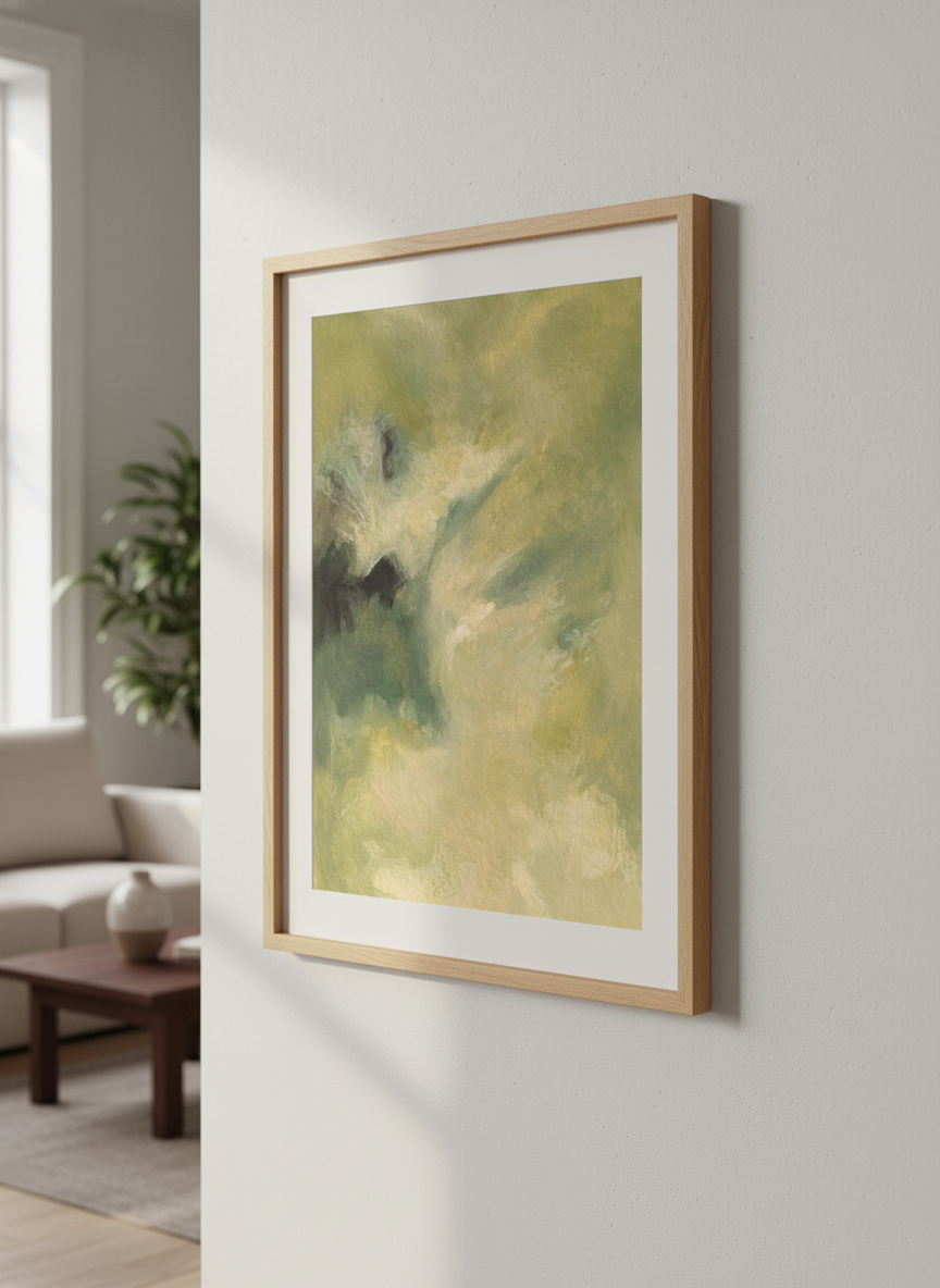 Modern wall art styled above a sofa in a neutral living room