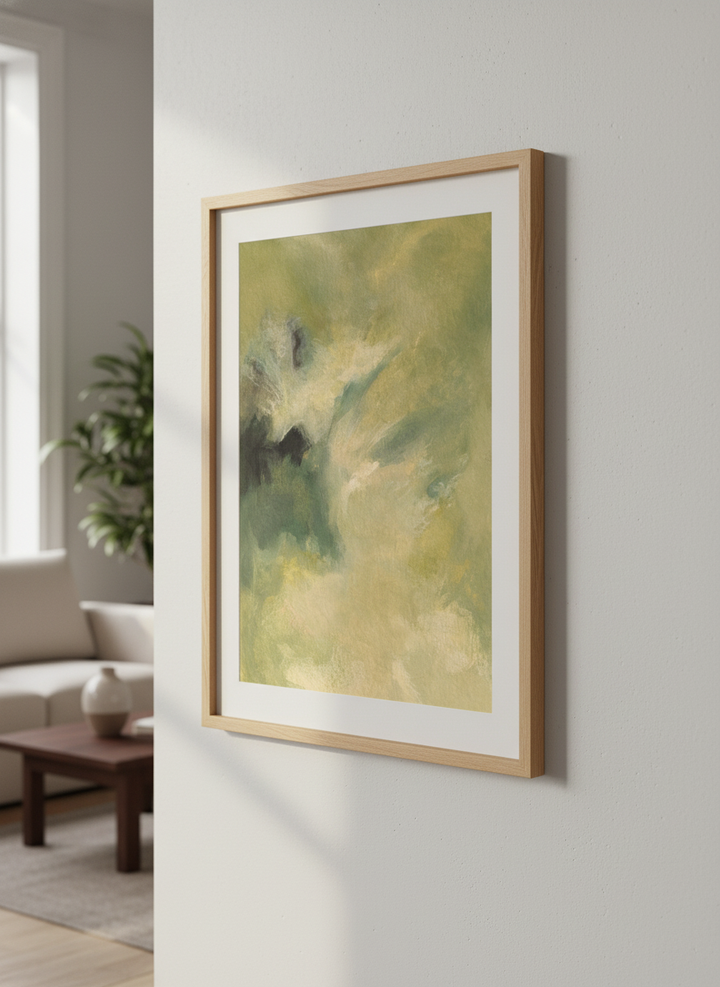 Modern wall art styled above a sofa in a neutral living room