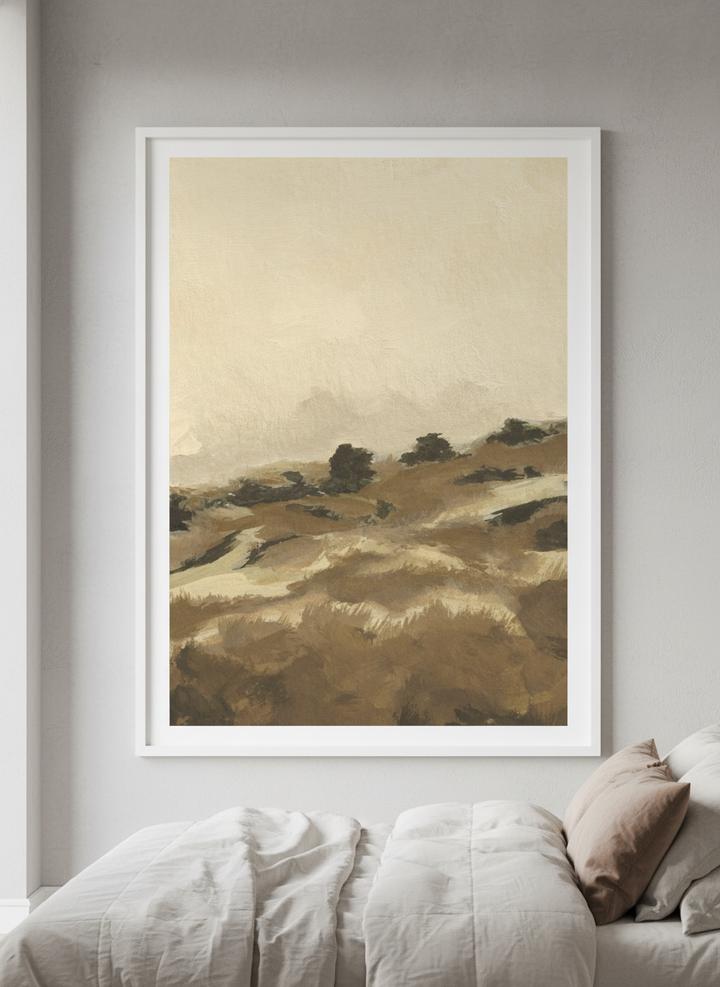 Minimalist artwork displayed in a calm, light-filled bedroom interior