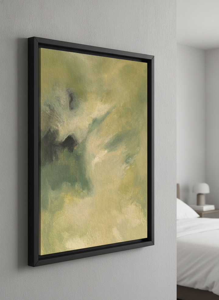 Minimalist artwork displayed in a calm, light-filled bedroom interior