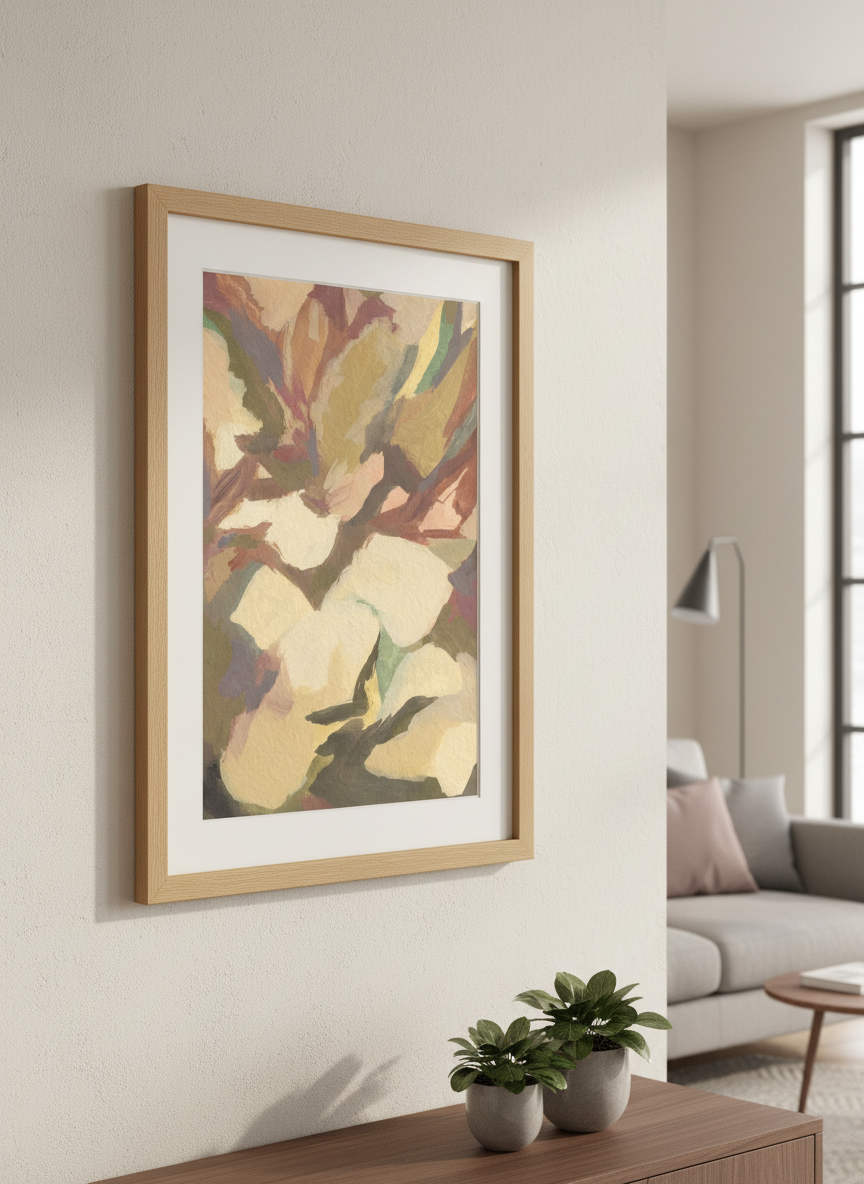 Modern wall art styled above a sofa in a neutral living room