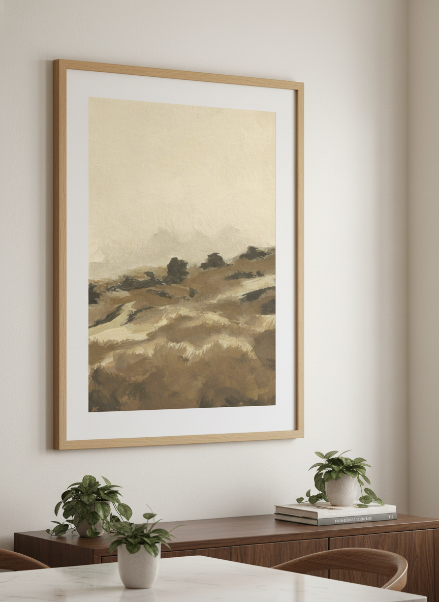 Wall art styled above a dining table in a contemporary home