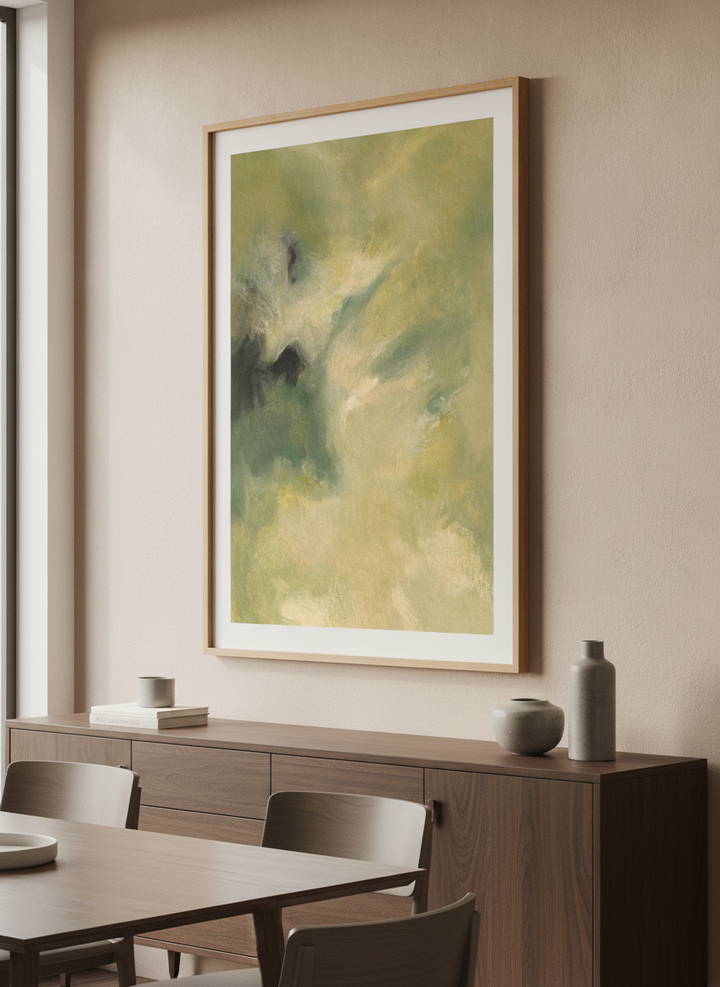 Wall art styled above a dining table in a contemporary home