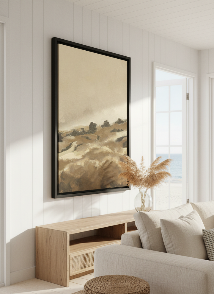 Neutral wall art displayed in a sunny coastal beach house